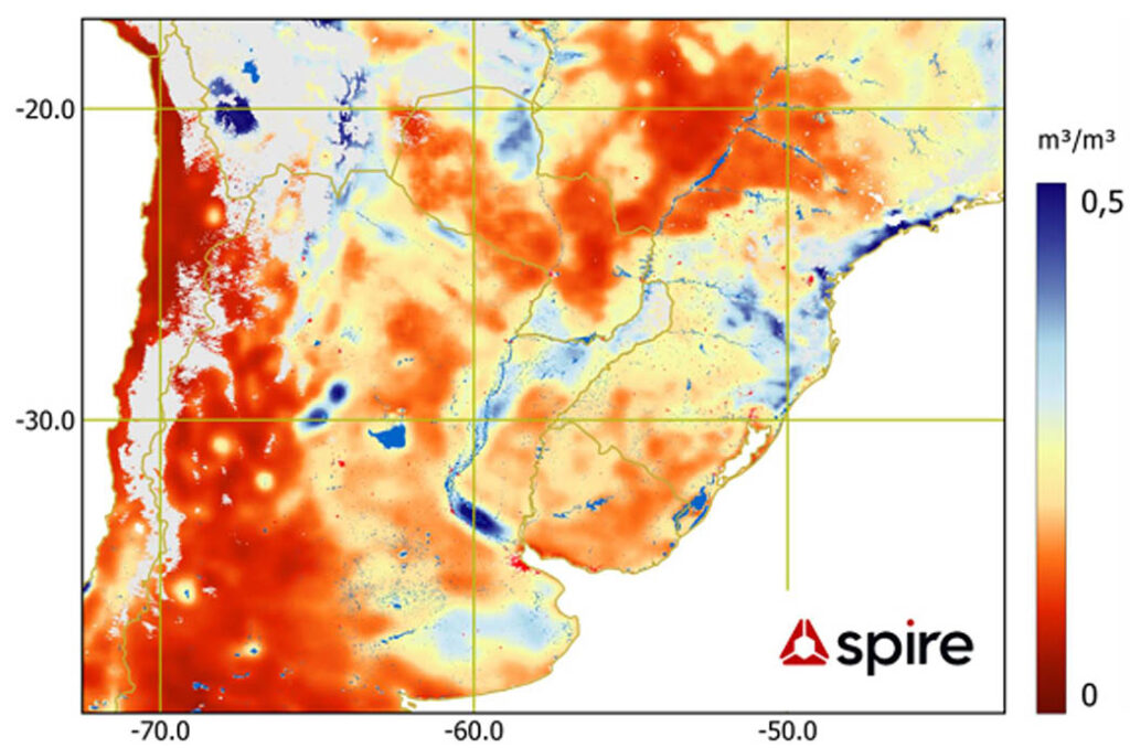 The monthly mean surface soil moisture content at a 6 km resolution, indicating overall moisture levels over South America in February 2024