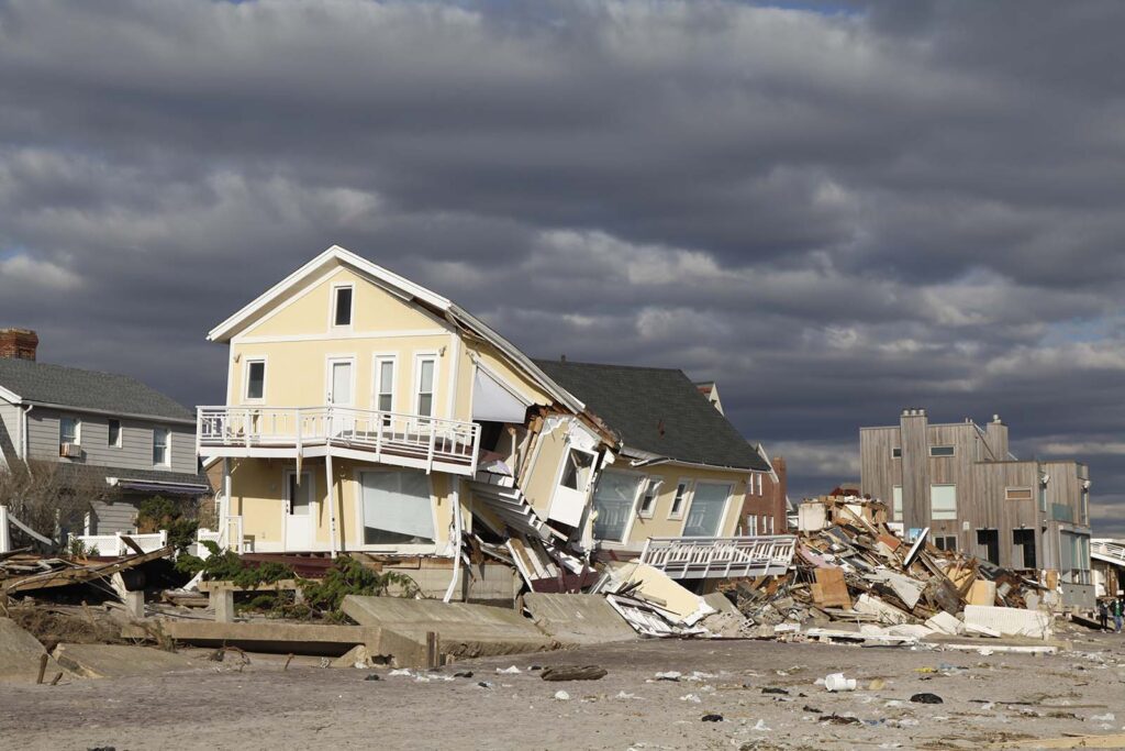 A partially destroyed house on Rockaway Beach after Hurricane Sandy hit in 2012