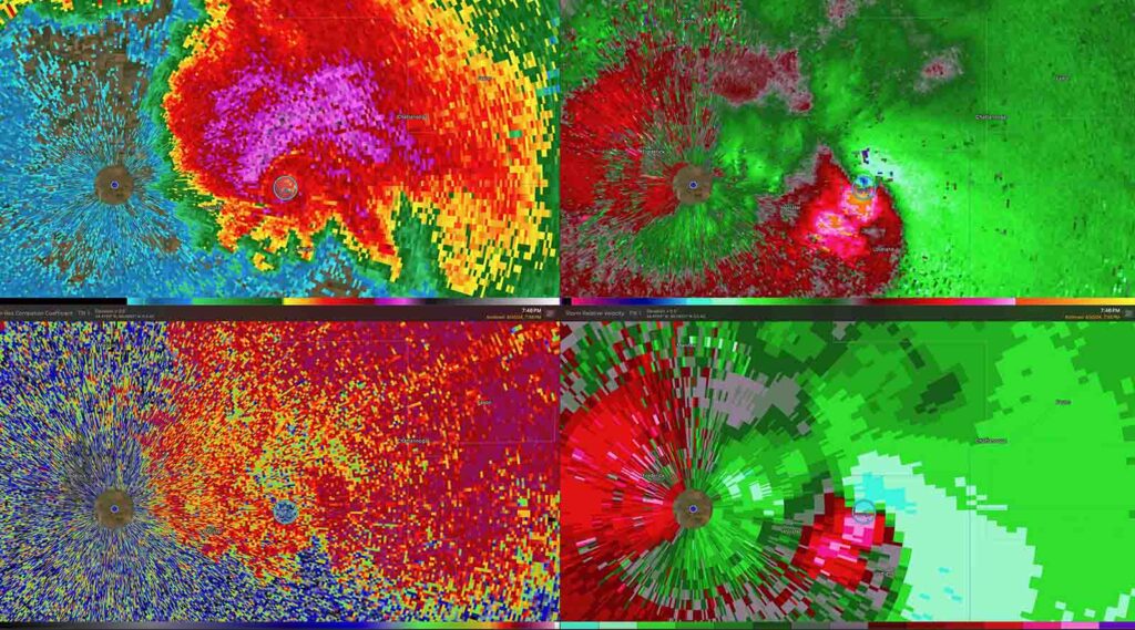 Velocity couplets on the right depict the rotating winds of two tornadoes that touched down in Oklahoma on April 30, 2024, and swirled around each other. One of the tornadoes was spinning clockwise (cyclonic), and the other was spinning counterclockwise (anitcyclonic). (RadarScope)