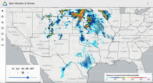 An animation of Spire’s High-Resolution Weather Model captured on Monday, April 22, depicts the predicted composite radar reflectivity for April 26-27, 2024, showing severe storms erupting across the Great Plains.