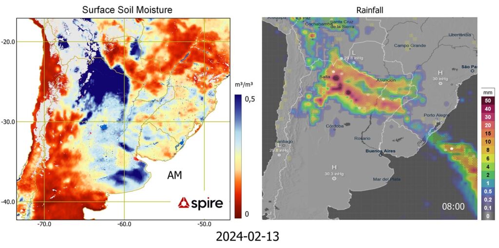 Spire’s surface soil moisture at a 6-km resolution across South America for February 13, 2024 (left) illustrating varied moisture levels. On the right, a rainfall distribution map of the same region, capturing the intensity of precipitation at the time indicated. This juxtaposition highlights the relationship between rainfall and soil moisture levels in different areas.
