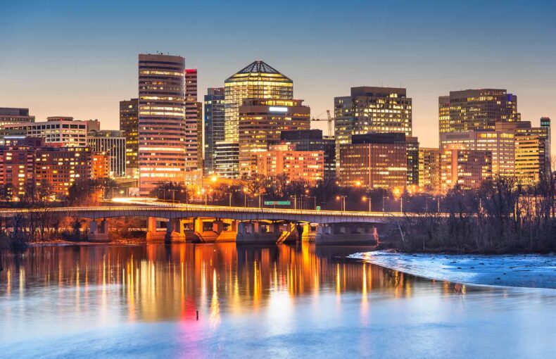 Rosslyn, Arlington, Virginia, USA downtown city skyline at dusk on the Potomac River