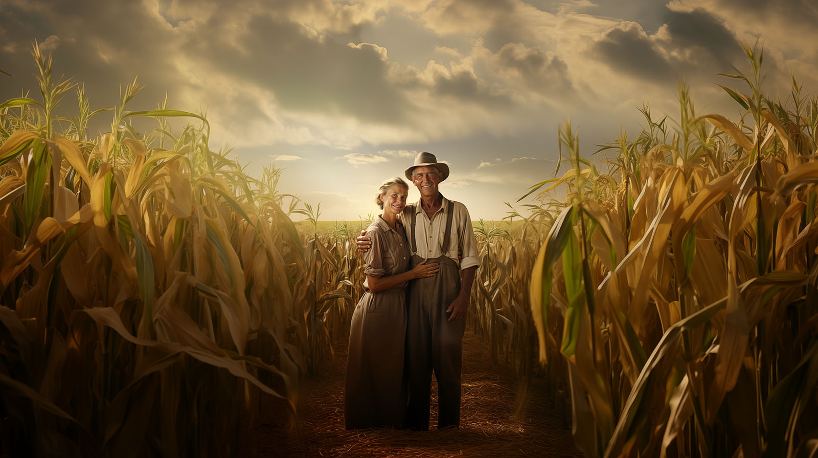 A farming couple in their 60s in a field of crops