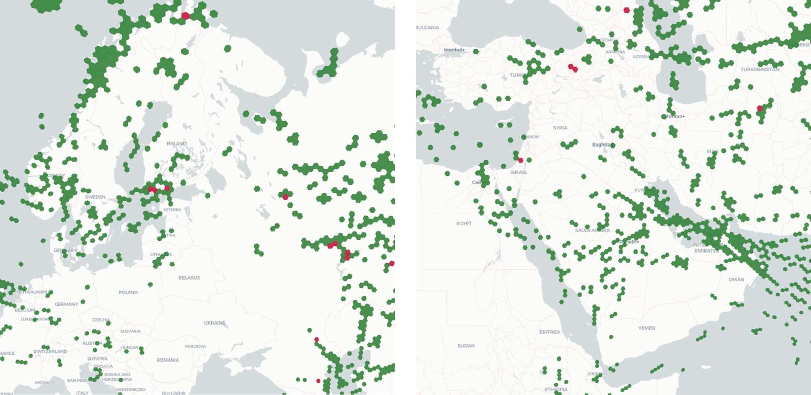 GNSS coverage over Ukraine and Middle East showing good GPS signals and GPS jamming locations