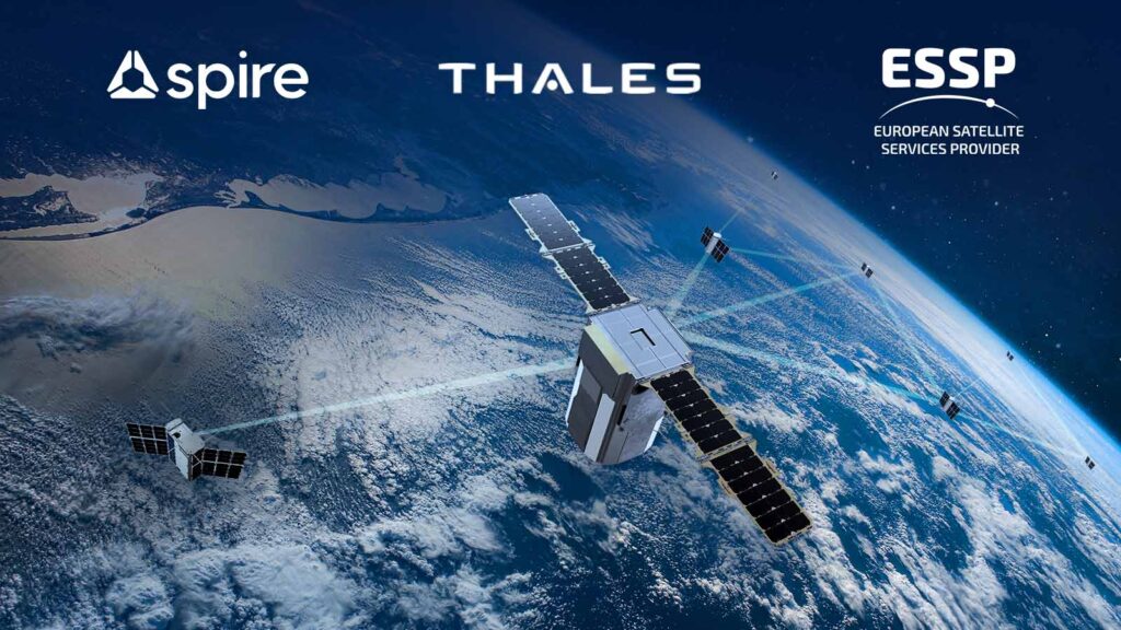 Thales, Spire Global and ESSP logos with a constellation of satellites