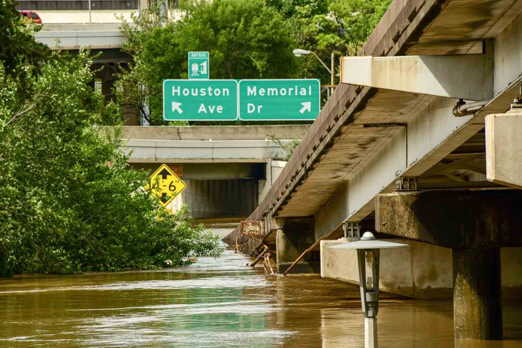 Buffalo Bayou Park Houston, flooded after Hurricane Beryl