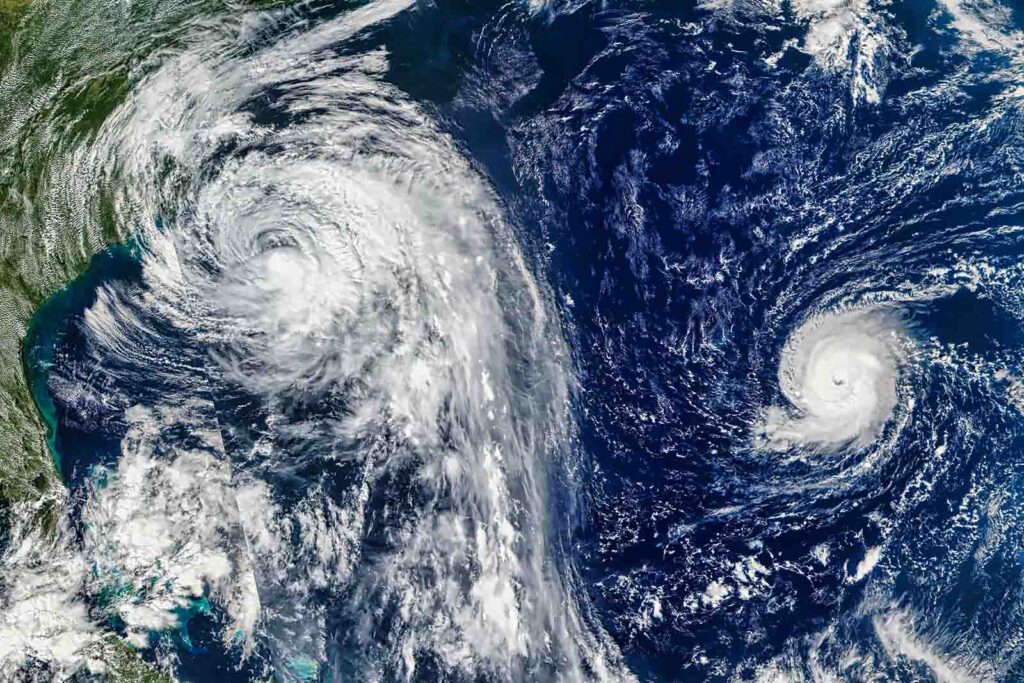 Satellite view of hurricane Lee 14L and Tropical Storm Maria 15L in the Atlantic Ocean