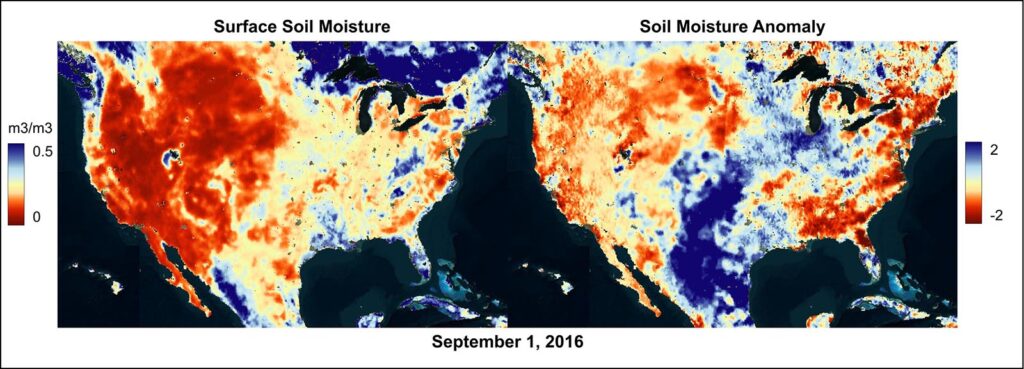 Surface soil moisture and anomaly data from September 1, 2016