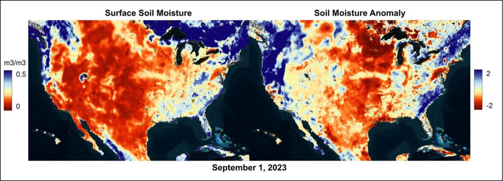 Surface soil moisture and anomaly data from September 1, 2023