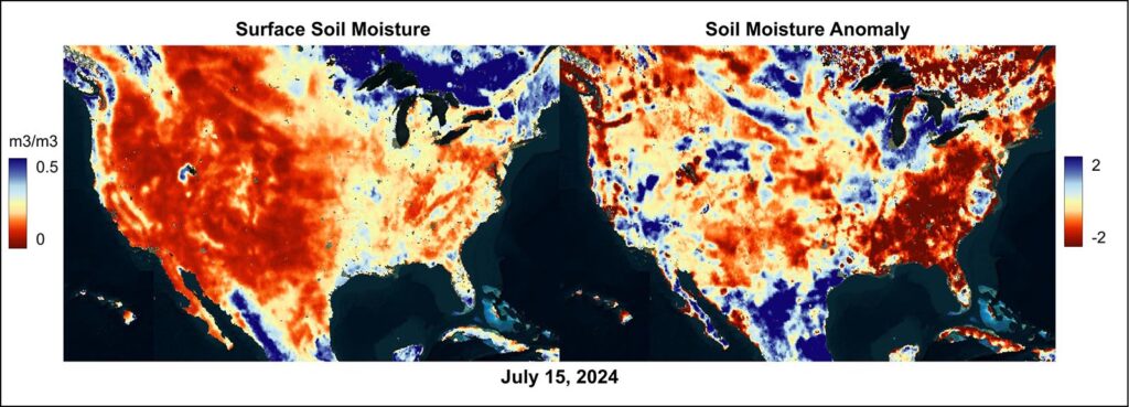 Surface soil moisture and anomaly data from July 15, 2024