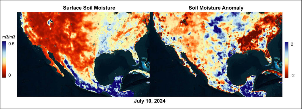 Surface soil moisture and anomaly data from July 10, 2024