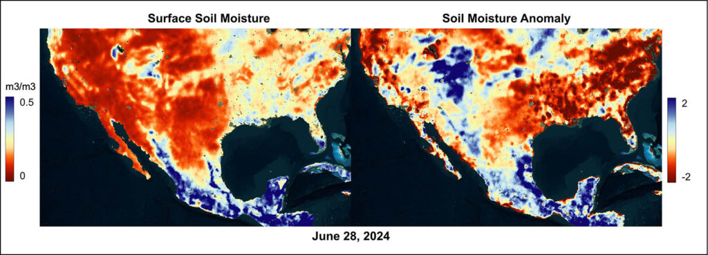 Surface soil moisture and anomaly data from June 28, 2024