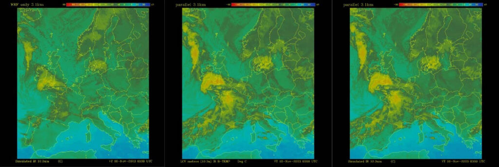 Infrared satellite simulations over Europe on November 16, 2023, at 03:00 UTC. On the left, the WRF model first guess is shown. The middle image shows observed conditions from Meteosat. On the right, Spire's cloud analysis is shown.