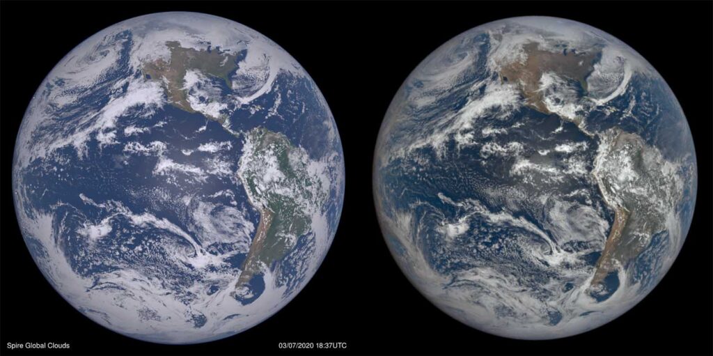 Full disk Earth view. On the left, a simulated view from Spire's analysis is shown for March 7, 2020, at 18:37 UTC. On the right, the observed view for the same date and time is shown, courtesy of DSCOVR.