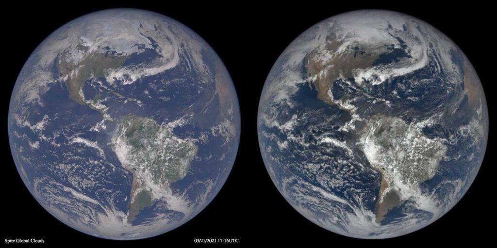 Full disk Earth view. On the left, a simulated view from Spire’s analysis is shown for March 21, 2021, at 17:16 UTC. On the right, the observed view for the same date and time is shown, courtesy of DSCOVR.