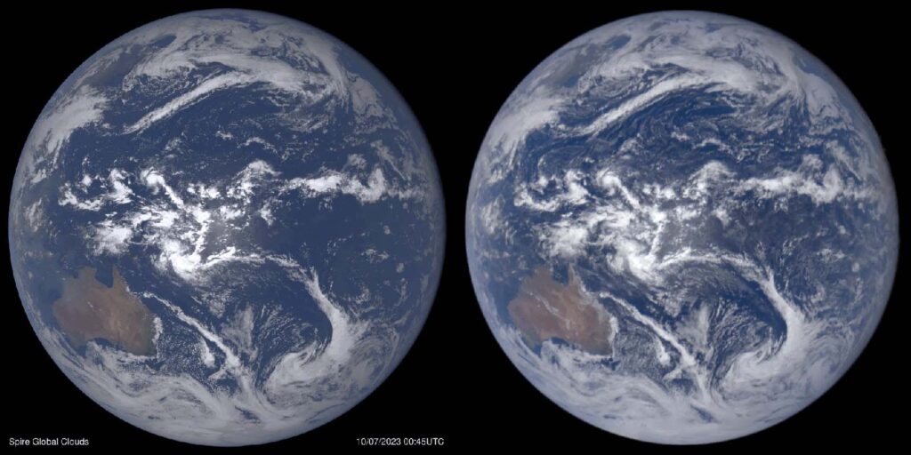 Full disk Earth view. On the left, a simulated view from Spire's analysis is shown for October 7, 2023, at 00:45 UTC. On the right, the observed view for the same date and time is shown, courtesy of DSCOVR.