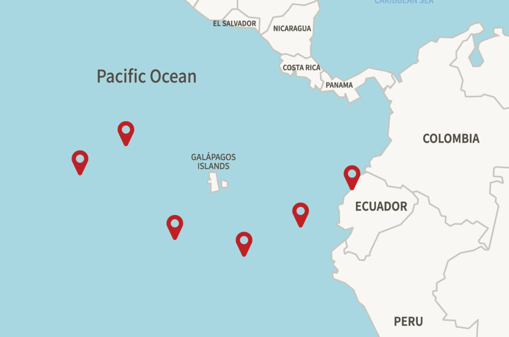 Map of the Galápagos Islands showing alleged satellite phone signal locations of cocaine smugglers