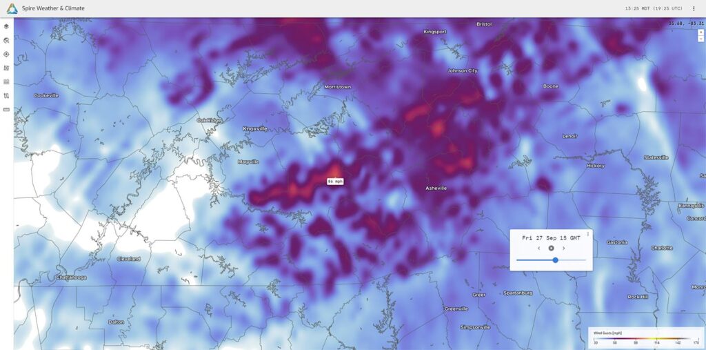 Map of Hurricane Helene showing wind gusts