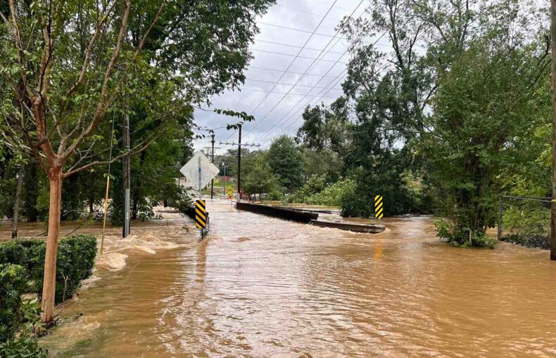 Flooded street from Hurricane Helene in Greenville South Carolina