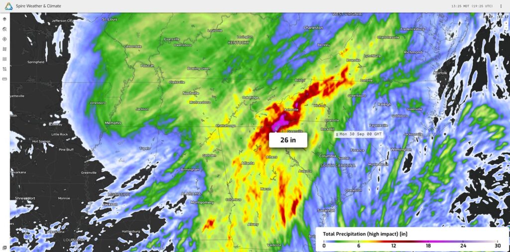 Map of Hurricane Helene showing depicted rainfall amounts