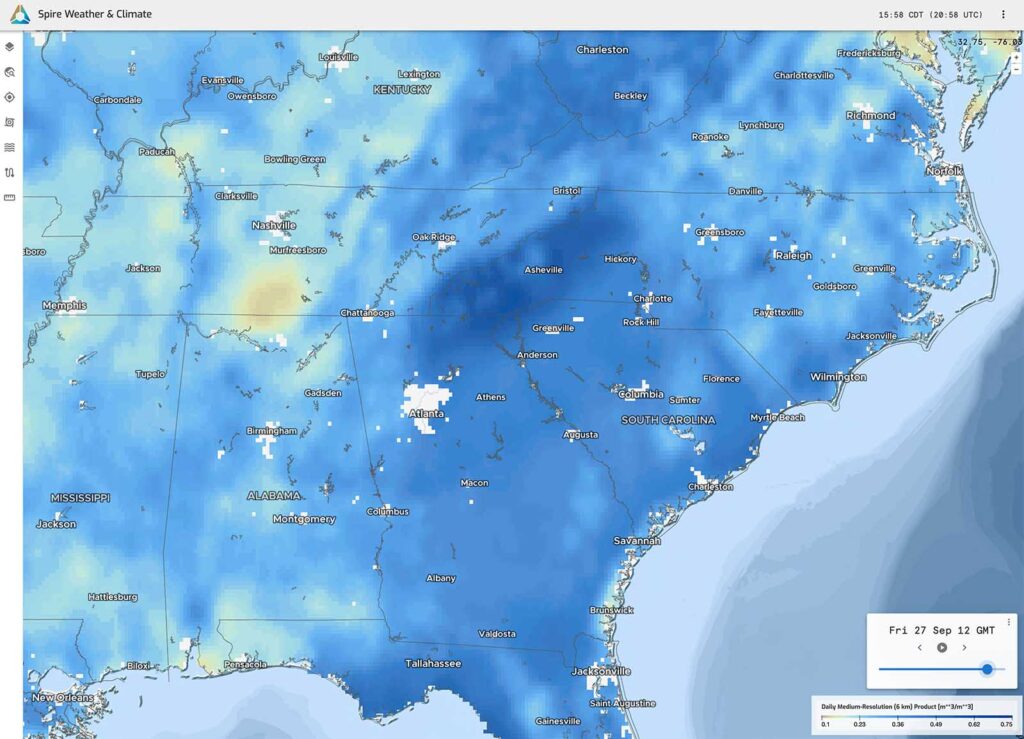 Map indicating wet soil due to Hurricane Helene's heavy rainfall across much of the Southeast US