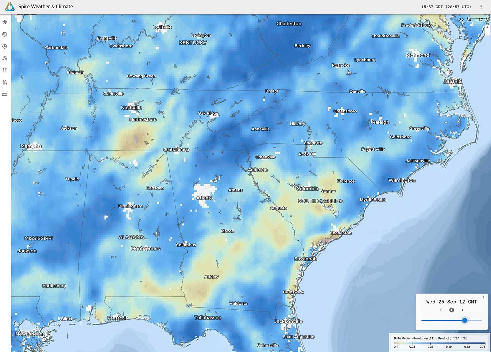 Map from September 19, 2024, ahead of Hurricane Helene indicated mixed soil moisture conditions in the Southeast US with dry soil shaded yellow and areas with greater surface soil moisture shaded in light blues