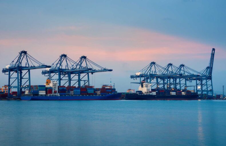 Sea cargo cranes in port