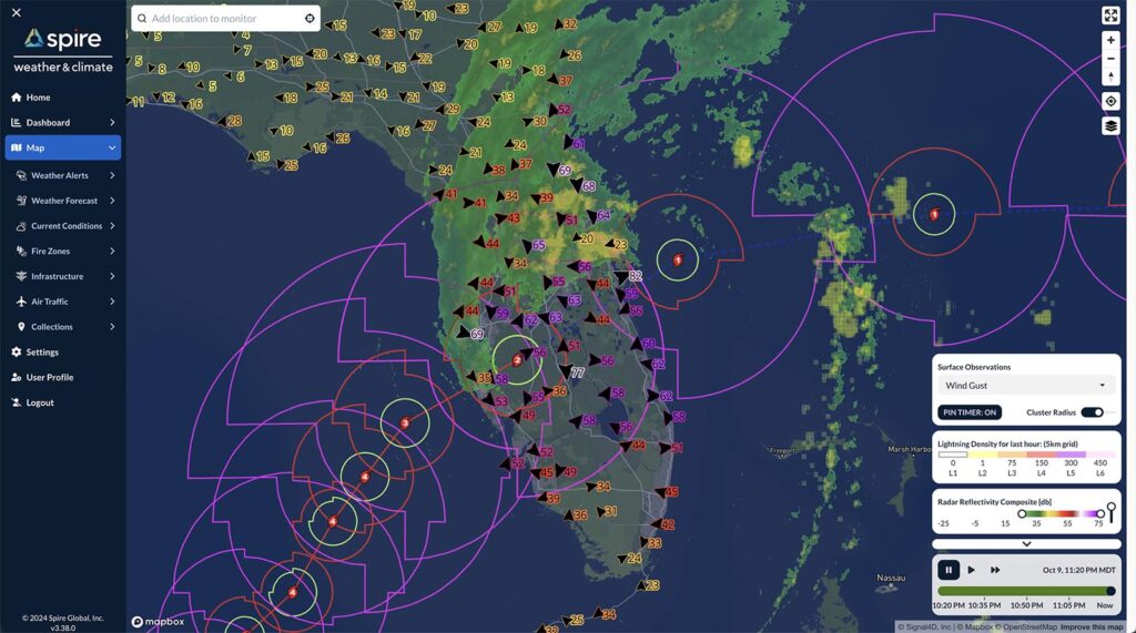 A wind gust map from Spire's DeepVision™ solution