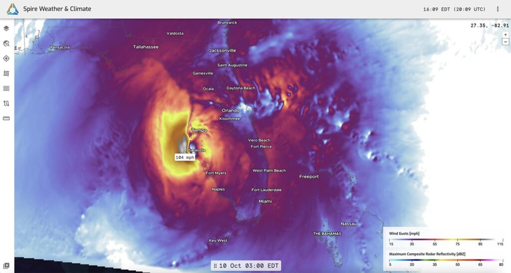 Spire's High-Resolution Forecast model depicting Hurricane Milton's hurricane-force winds