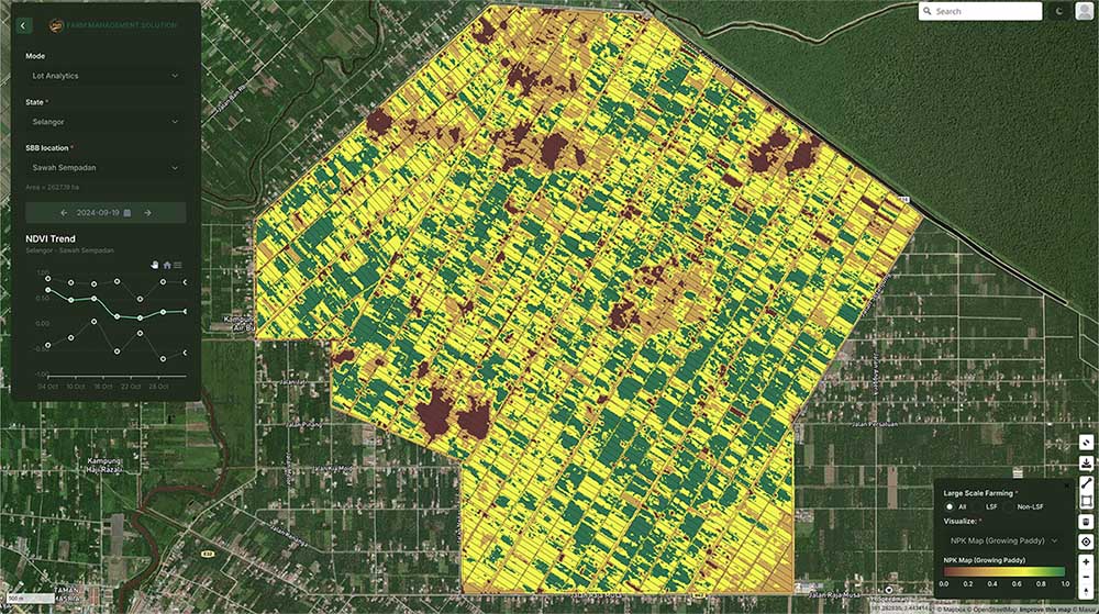 A plan view of fields with agriculture soil moisture readings