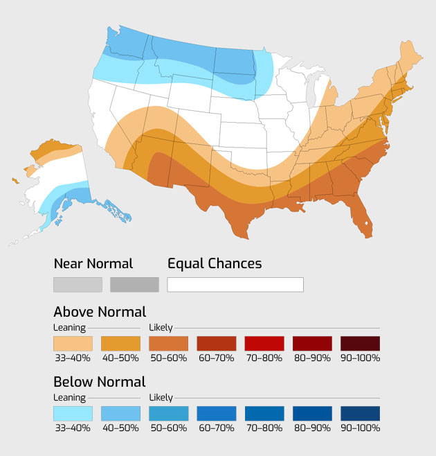 seasonal temperature outlook map of the USA