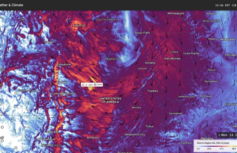 A snapshot of 100-meter wind predictions generated by the Spire High-Resolution Forecast, as shown in the DeepInsights™ Cirrus data viewer.