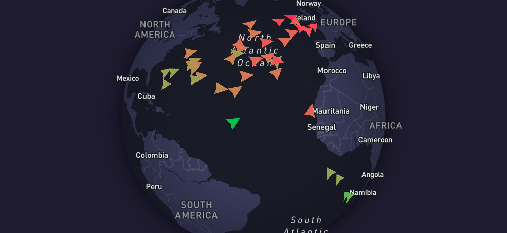 Real-time, AI-generated map of all tankers laden in the Atlantic