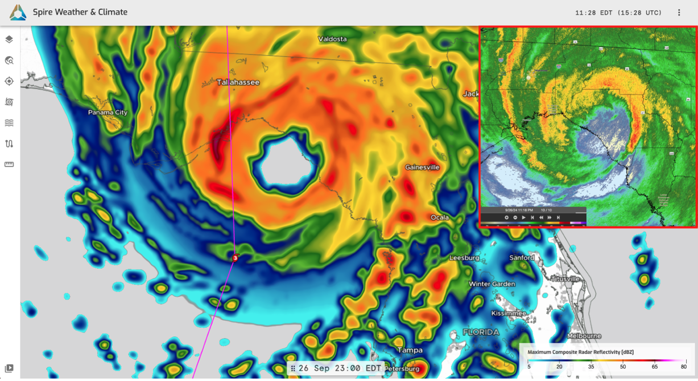 Spire’s High-Resolution Forecast model run initialized at 12z on September 26, the last official run available before landfall, depicts the composite radar reflectivity as Helene at landfall. The pink line shows the NHC official centerline track. The image in the red box in the upper-right corner shows actual radar as Helene made landfall.