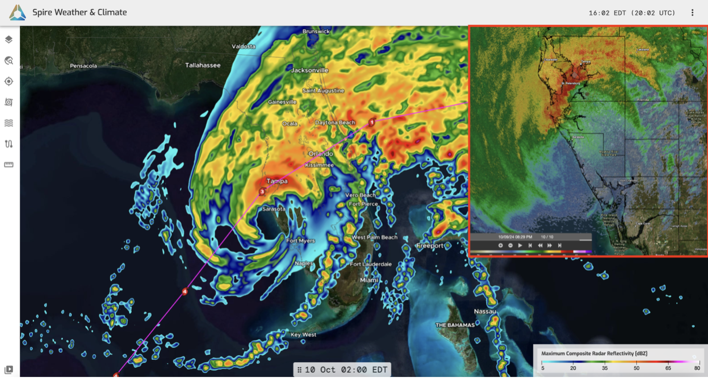 Spire’s High-Resolution Forecast model run initialized at 12z on October 7, days ahead of Milton, depicted the composite radar reflectivity at Milton’s landfall. The pink line shows the NHC official centerline track at the time. The image in the red box in the upper-right corner shows actual radar as Milton made landfall.