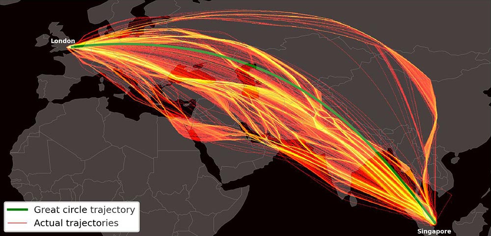 Map of lateral and vertical trajectory flight paths from London Heathrow airport to Singapore