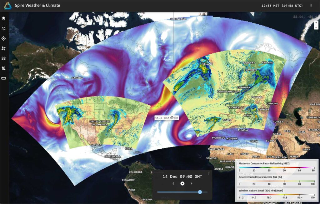 A dashboard from Spire's High-Resolution Forecast showing weather data assimilation extended to a Transatlantic domain