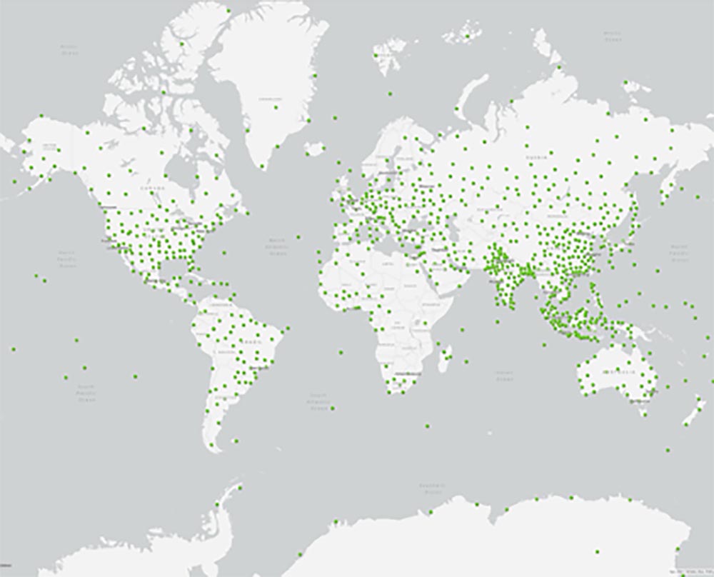 Global map showing 900 weather balloon daily launch sites