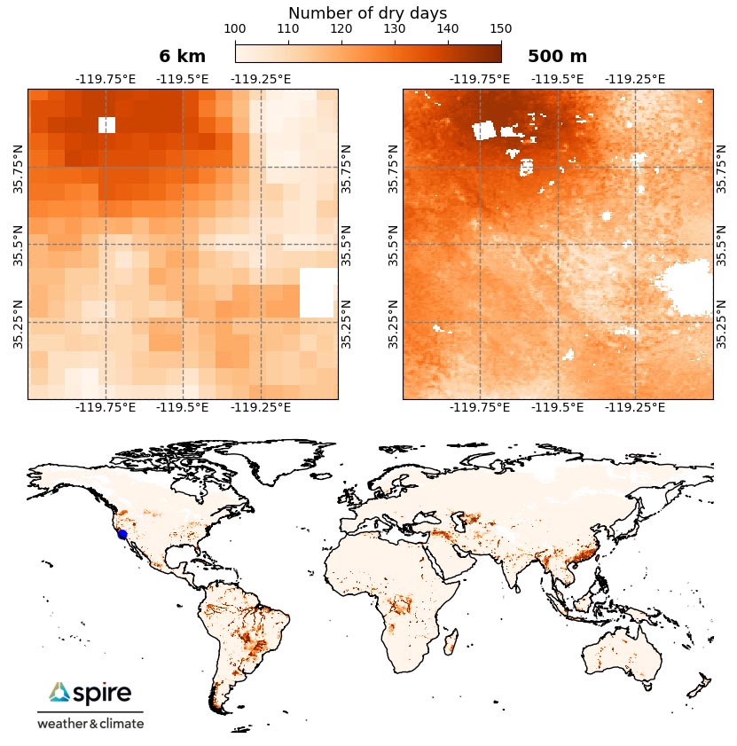 The Agricultural Drought Index shows the number of dry days from January 1 to June 1, 2021, for a location in California