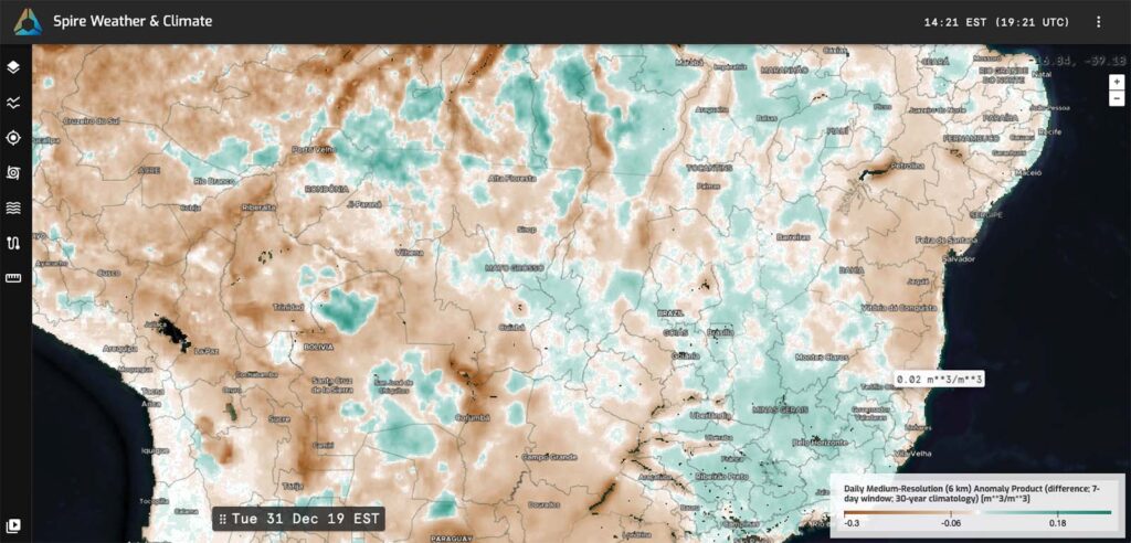 Spire’s Soil Moisture Anomalies show slightly above-average soil moisture conditions in Minas Gerais, Brazil's primary growing region for arabica beans, in late December