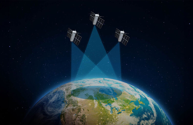 Illustration showing how a satellite cluster formation orbits the earth and collects data together