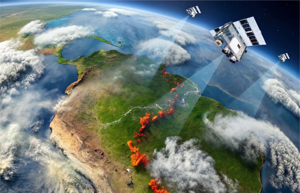 An illustration of a satellite constellation detecting wildfires