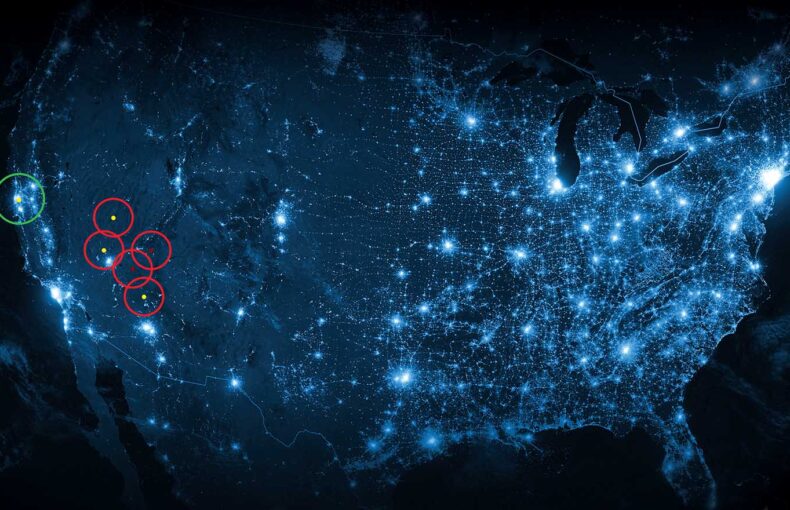 Map illustration of USA with GPS anti-jamming icons