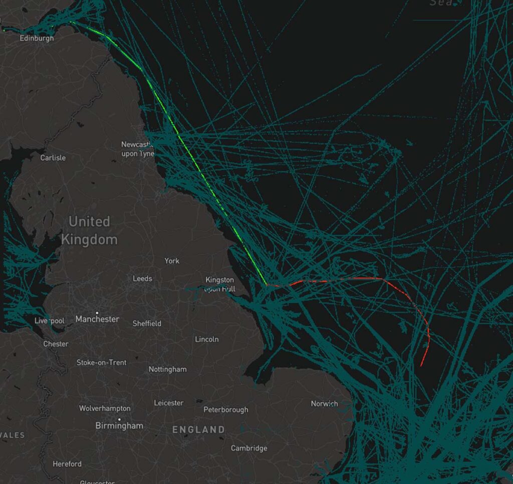 North sea collision map with ship paths plotted