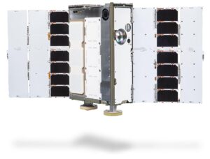 Front view of Spire Global 6U satellite with optical inter-satellite link (OISL) payload