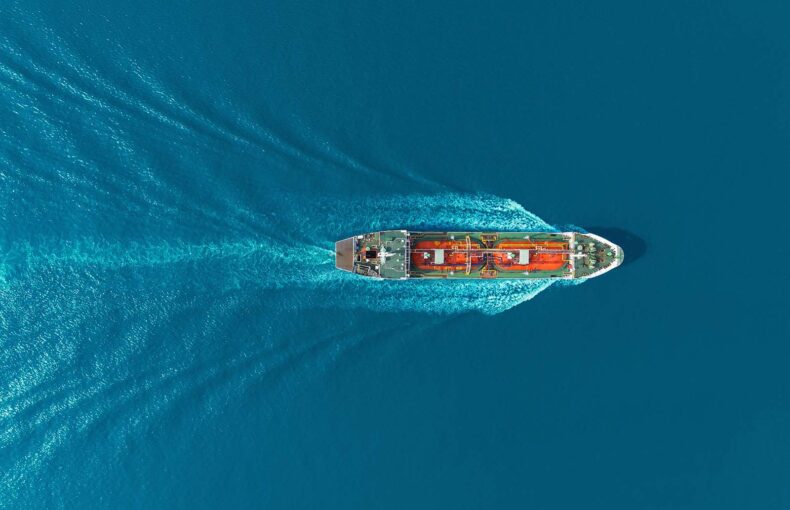 Aerial view of shipping vessel at sea