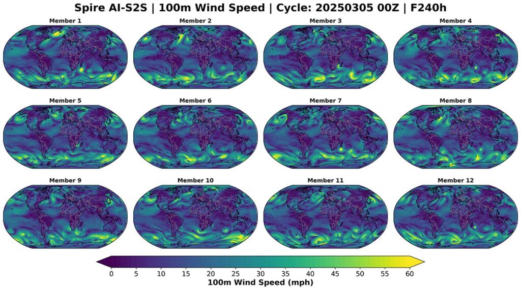 100-meter wind forecast maps from Global's AI-S2S model