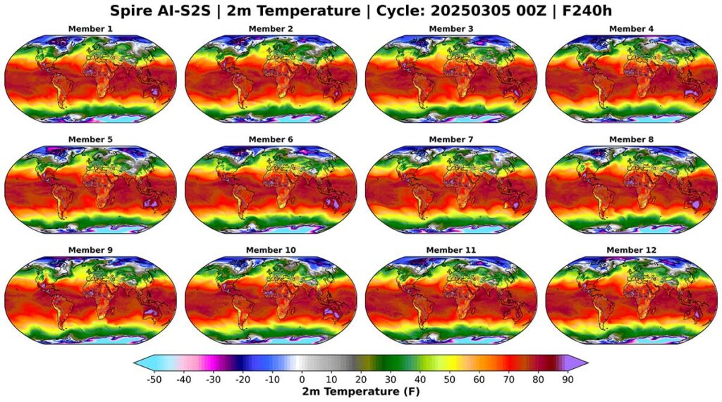 2-meter temperature forecast maps from Global's AI-S2S model for long-range weather forecasting