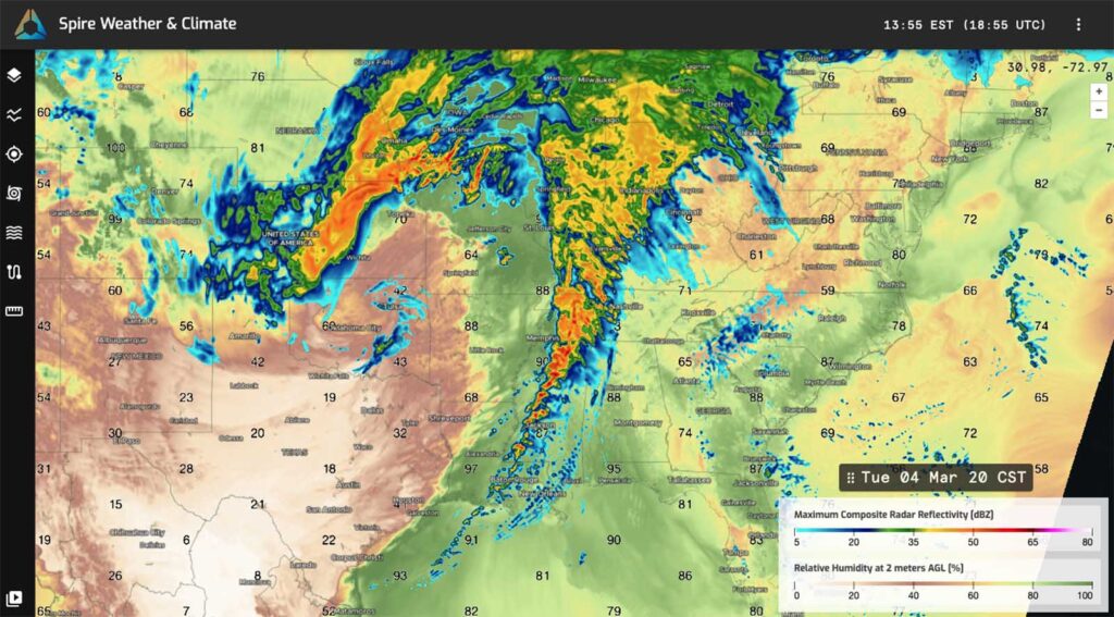 High-Resolution Forecast snapshot shows predicted composite radar reflectivity and relative humidity