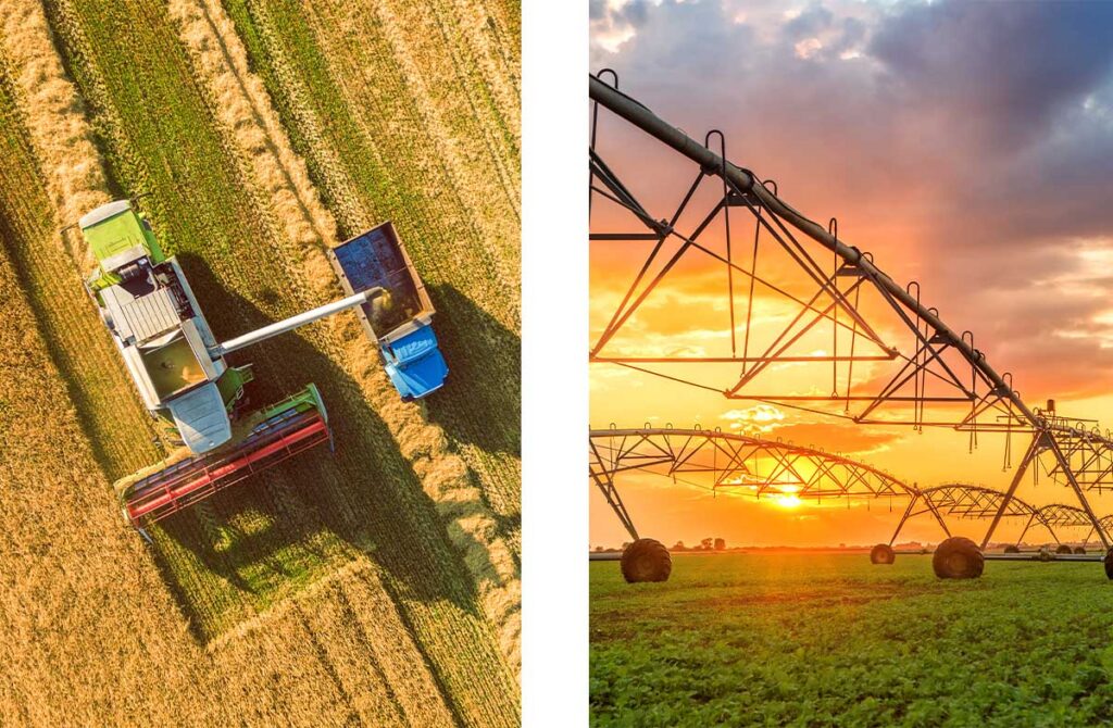 Images of agricultrual harvesting and field irrigation
